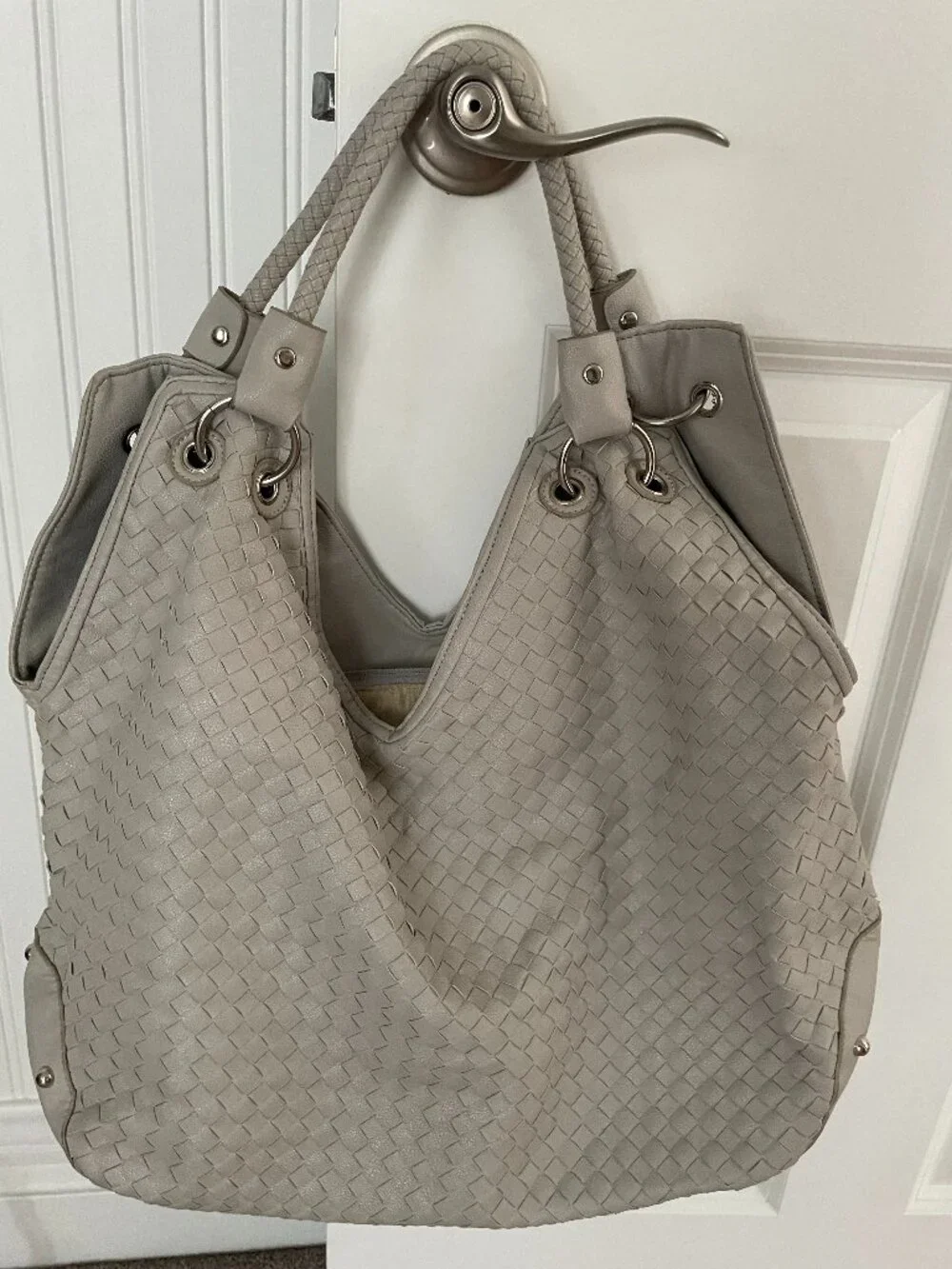 Amrita Singh Dove Grey Woven Intrecciato Slouchy Hobo Bag Tote